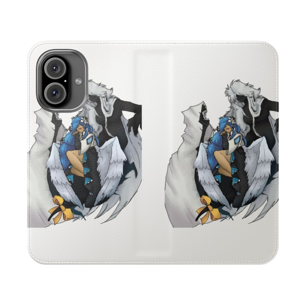 Transparent flip phone case with a colorful Dizzy design from the Guilty Gear video game series.