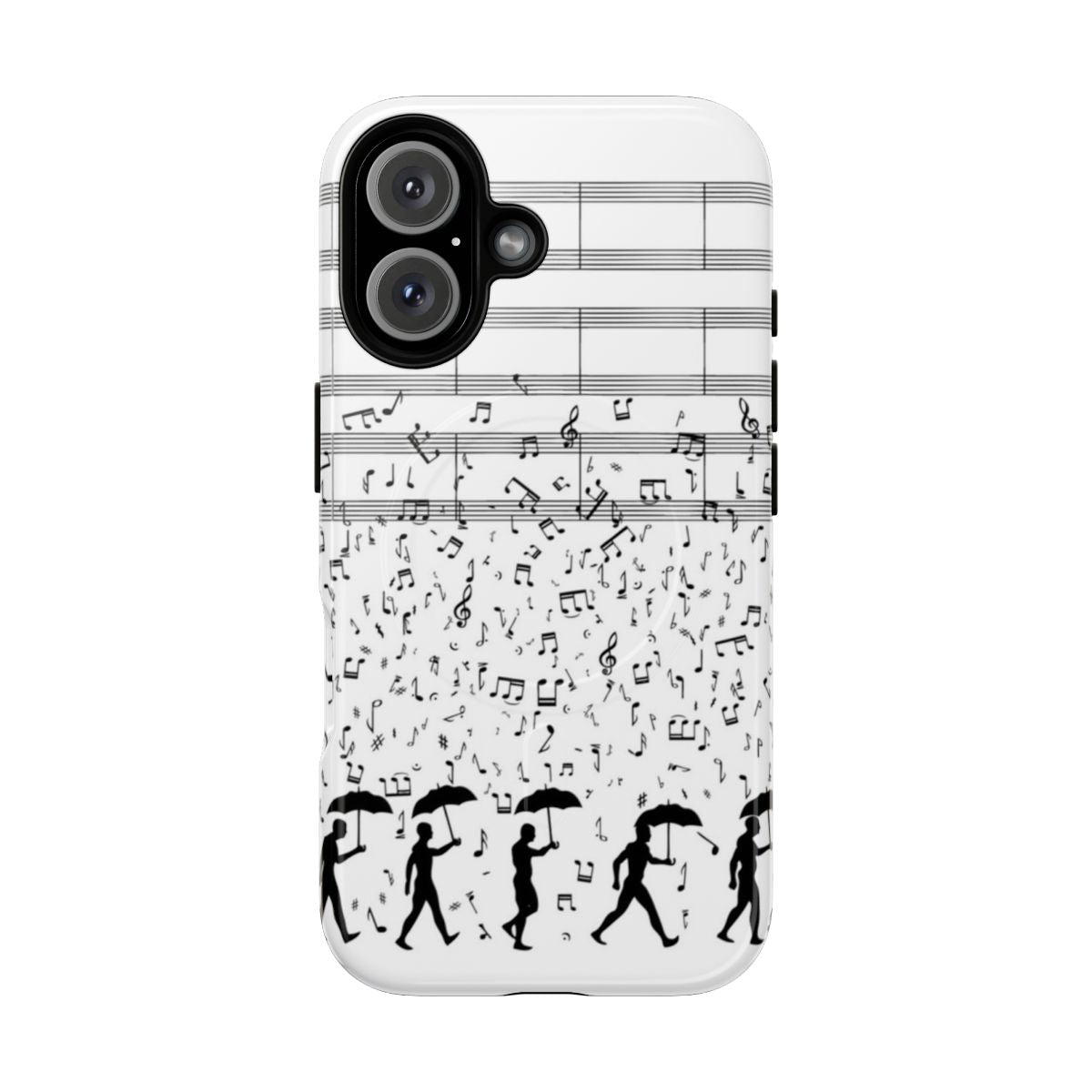 Magnetic phone case with a singing in the rain design, featuring musical notes and a rainy landscape silhouette.