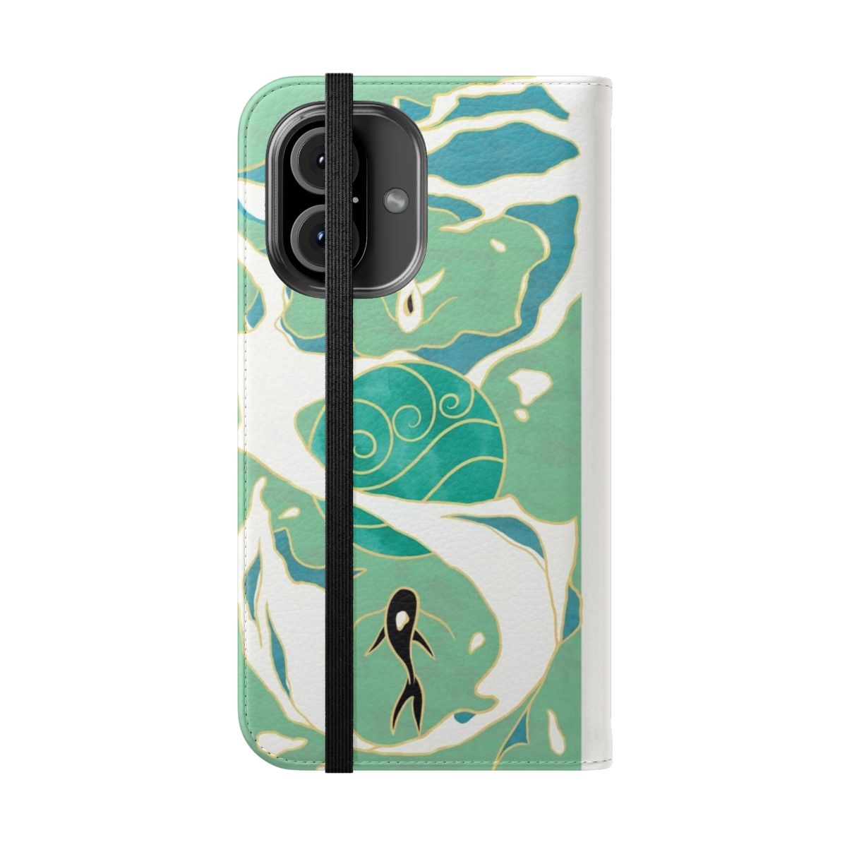 Water Tribe-themed flip cover phone case with blue and teal colors, koi fish, and yin-yang symbols - Folded Front