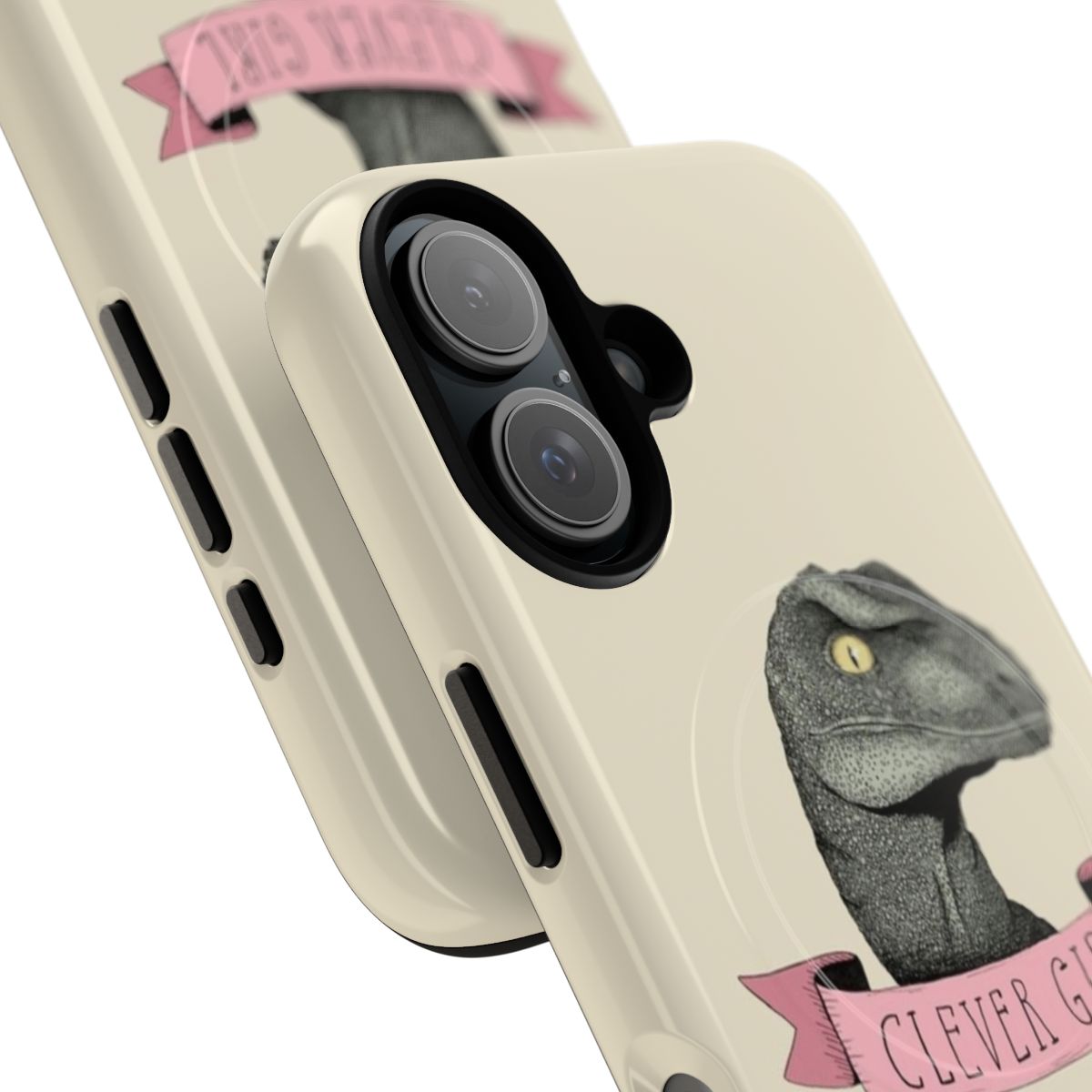 Clever Girl Raptor Dinosaur Phone Case with Pastel Pink and Ink Design - Detail