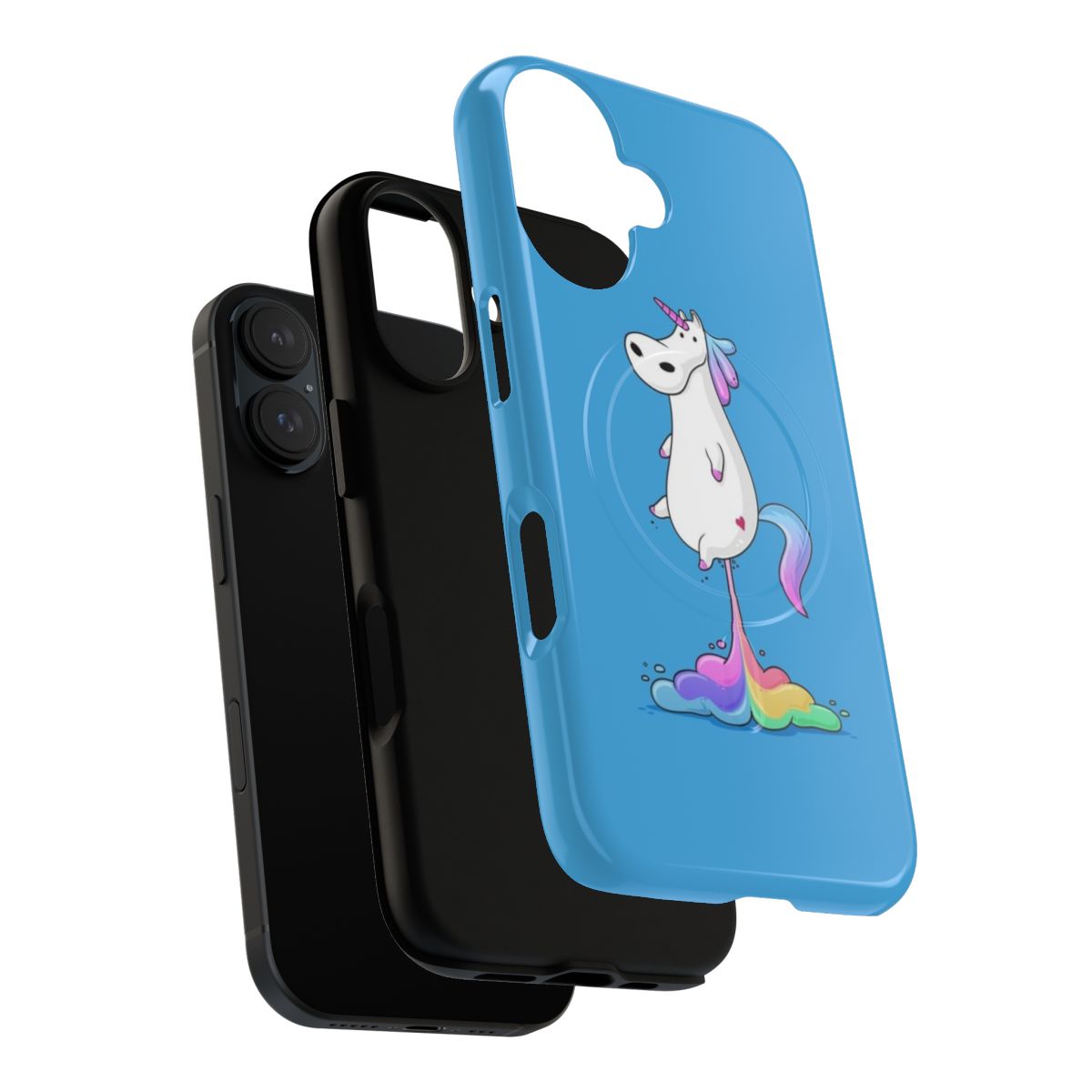 Colorful cartoon unicorn farting a rainbow, featured on a magnetic tough phone case. - Layers