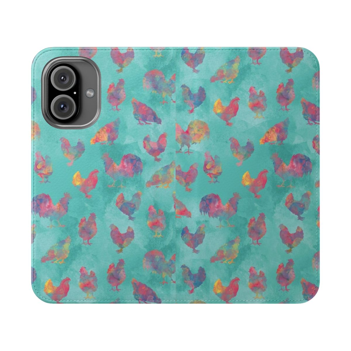 Flip phone case featuring a vibrant watercolor design of chickens and hens