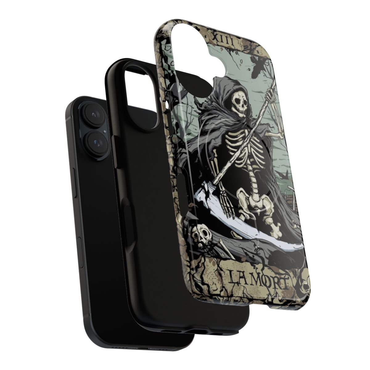 Phone case with detailed skull and grim reaper design - Layers