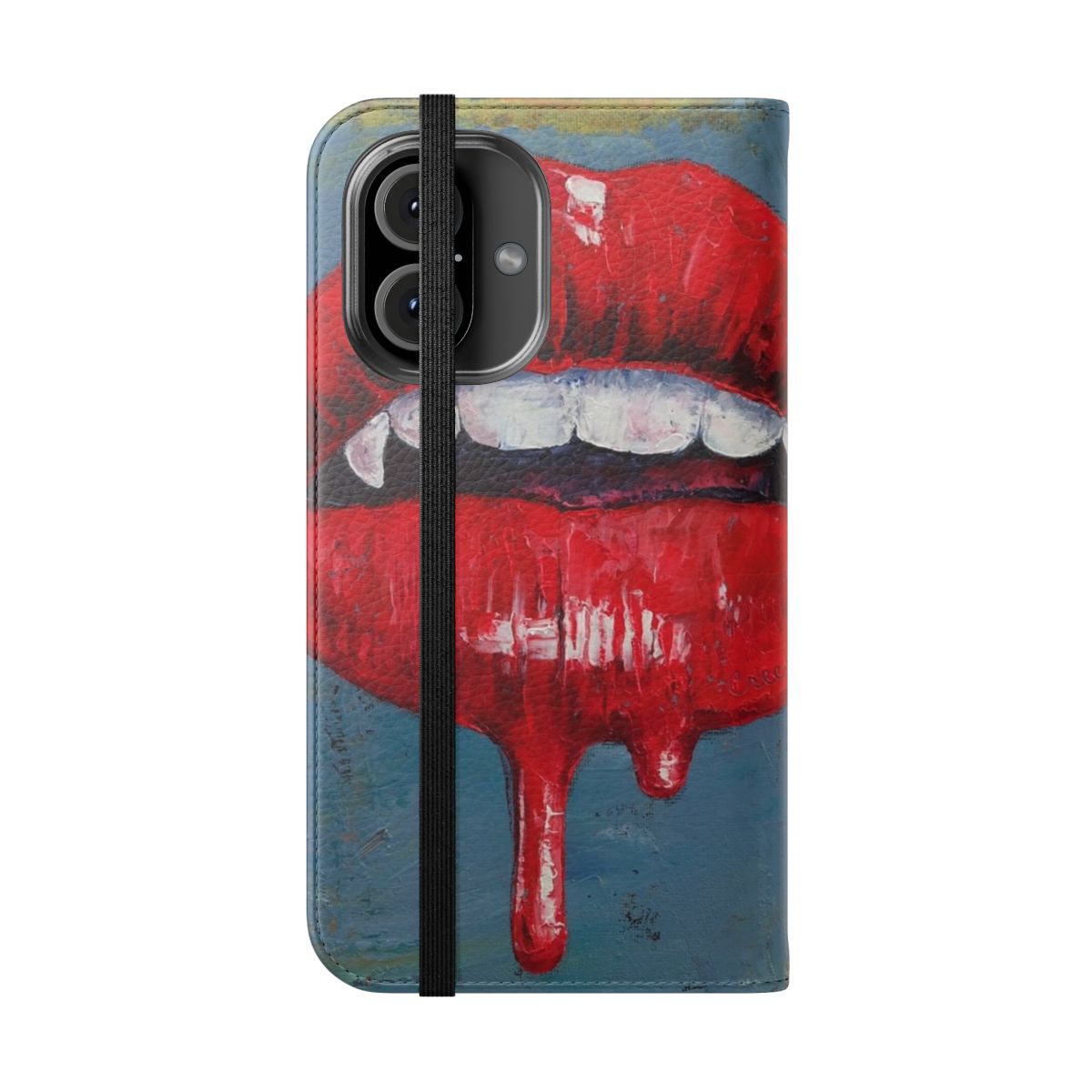 Vampire-inspired flip phone case with dripping blood and fangs - Folded Front