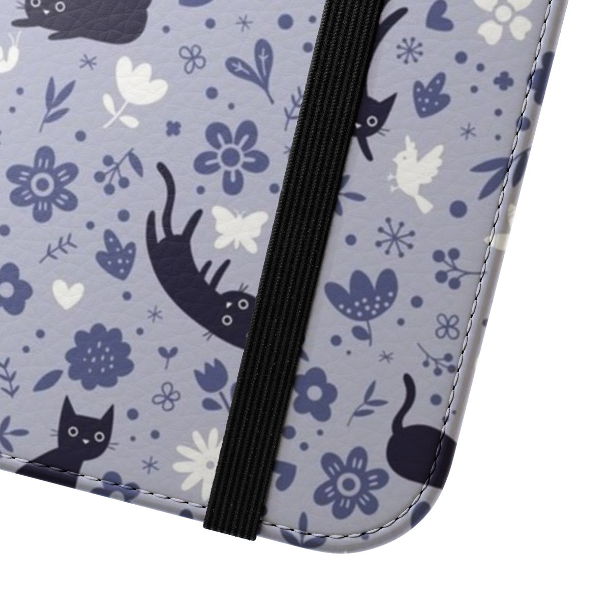 A flip cover phone case featuring a whimsical design of cats frolicking in a lavender-filled garden. - Close Up