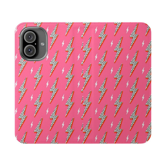 A pink flip cover phone case with a lightning bolt and thunder flash design.