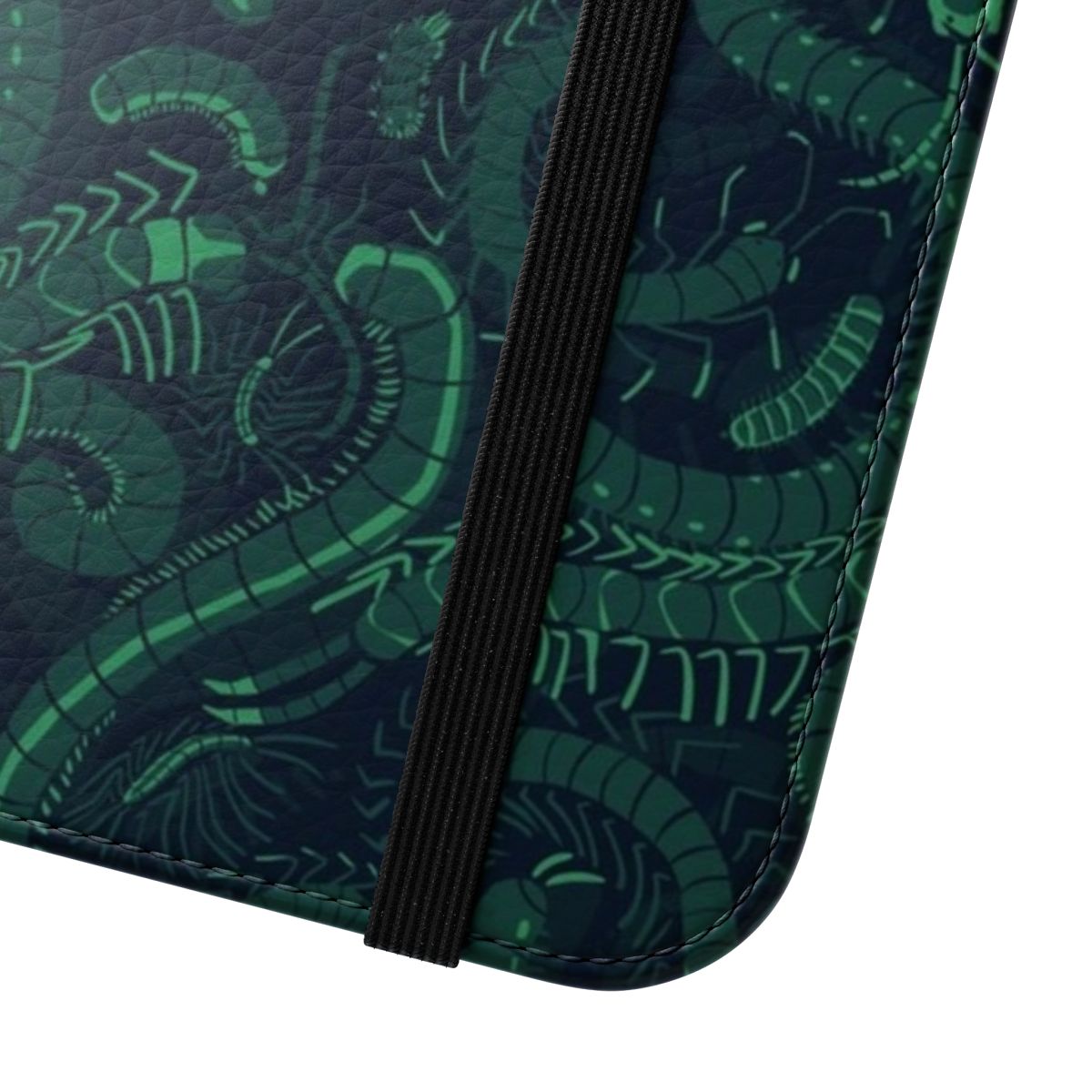 A green flip phone case featuring a vibrant myriapod pattern, perfect for nature-lovers. - Close Up