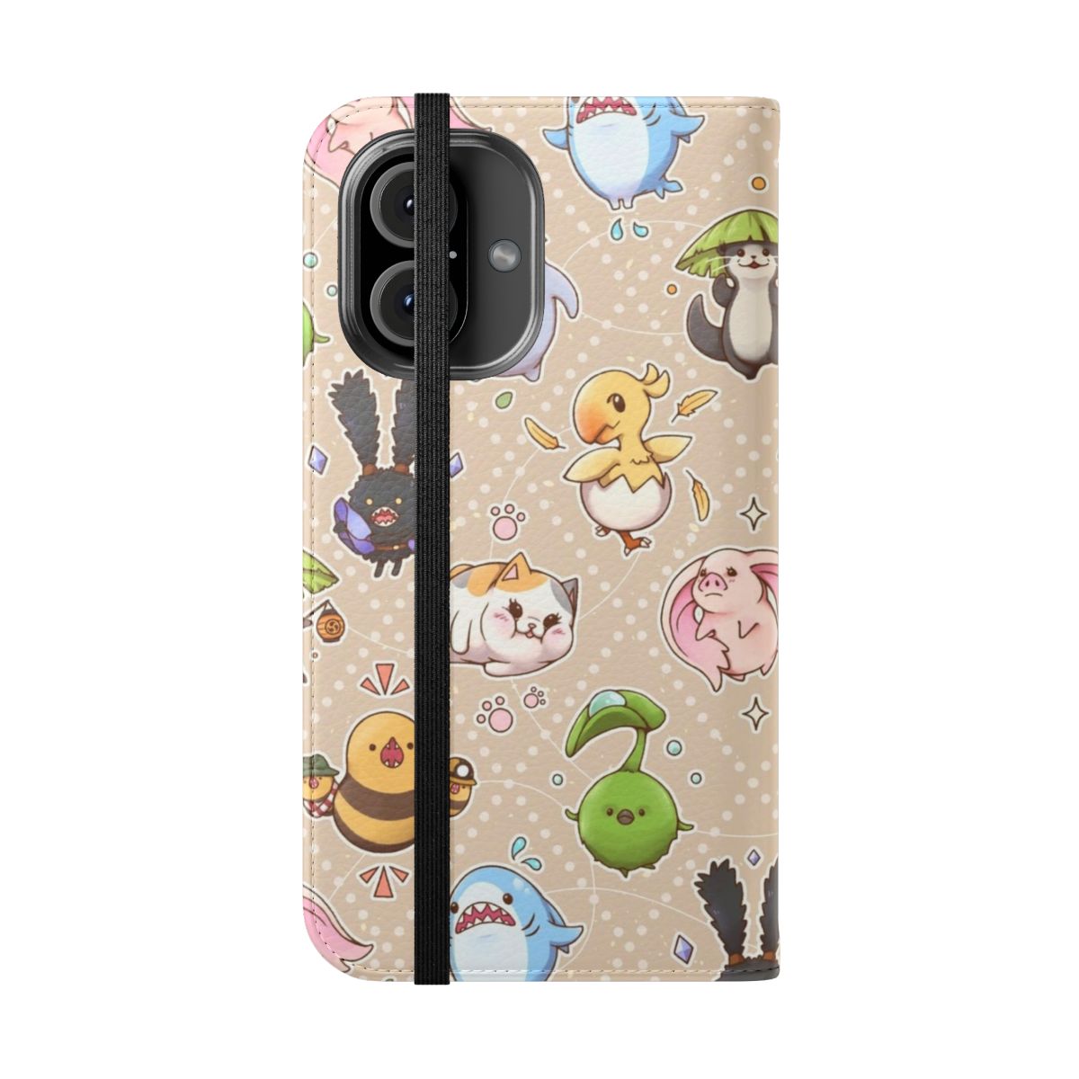 Colorful phone case with popular Final Fantasy XIV characters like Fat Cat, Spriggan, and Chocobo. - Folded Front