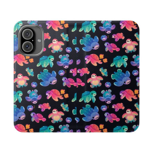 Flip cover phone case featuring a vibrant sea turtle design