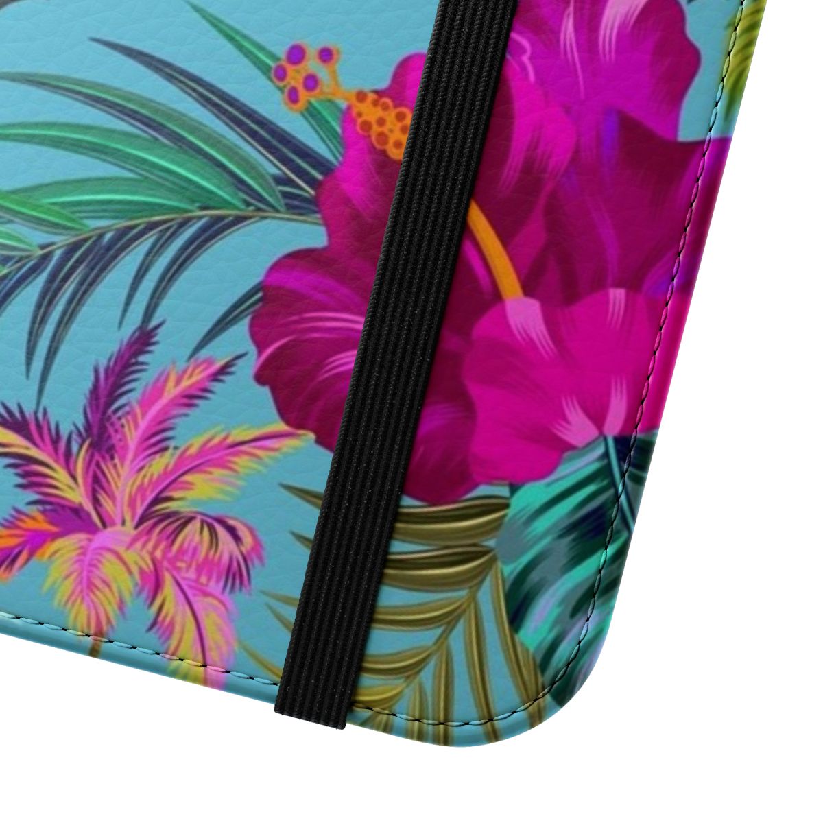 Tropical beach phone case with a stylish retro aloha pattern featuring flowers, leaves, and birds. - Close Up