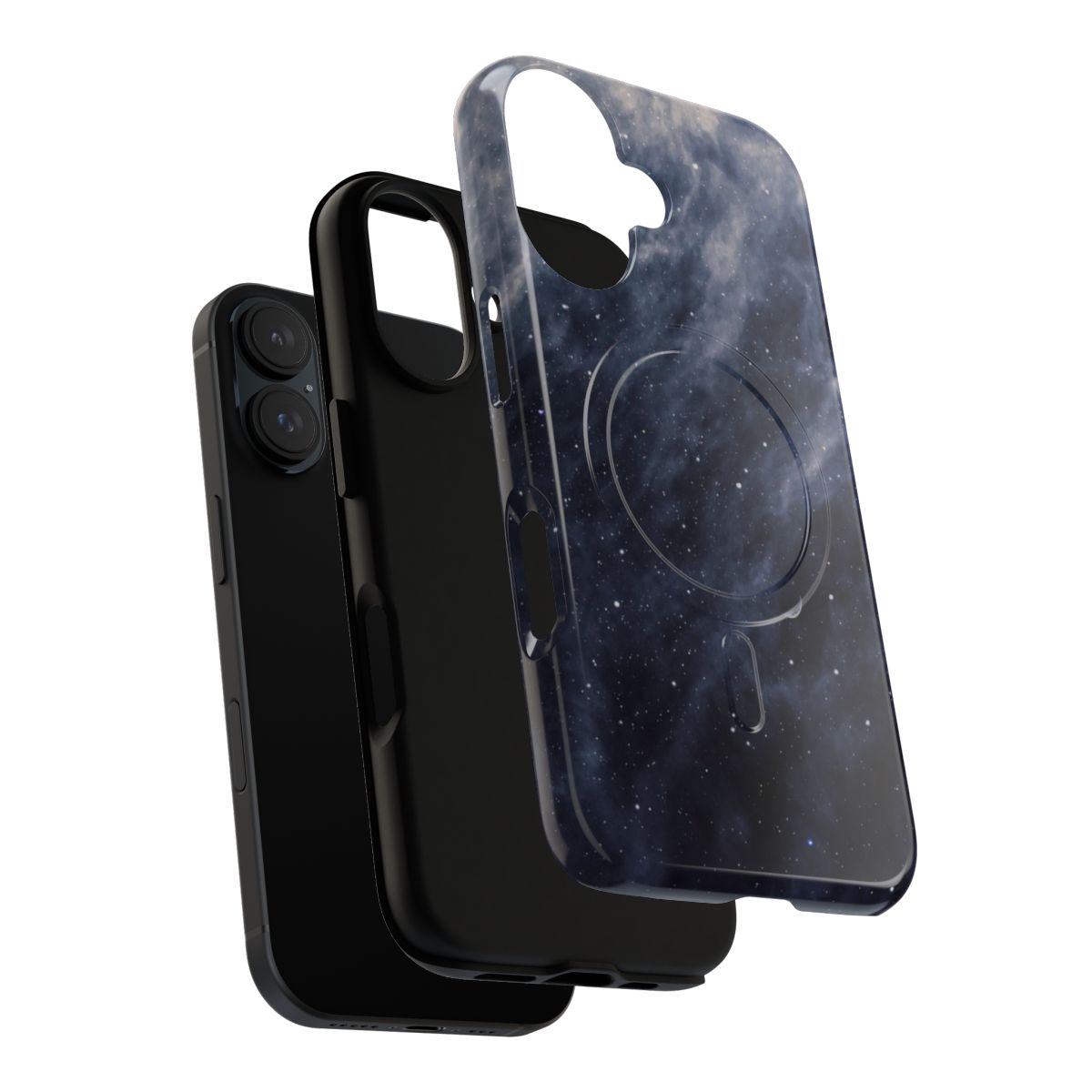 A phone case featuring a blue moon and clouds against a dark, moody night sky backdrop. - Layers