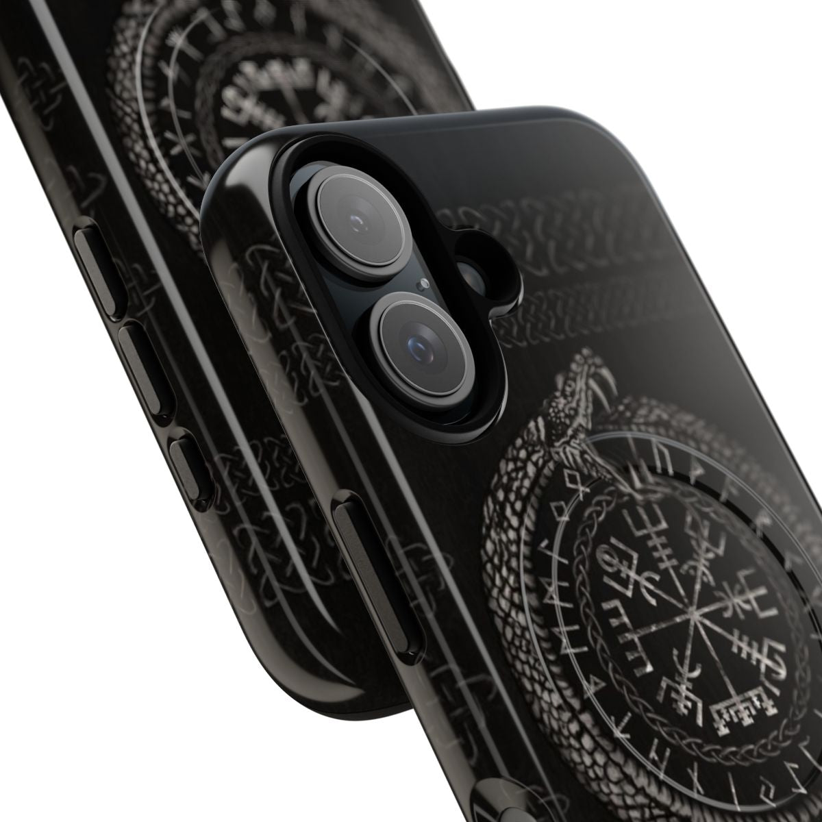 Runic Vegvisir and Ouroboros design on a durable magnetic phone case - Detail