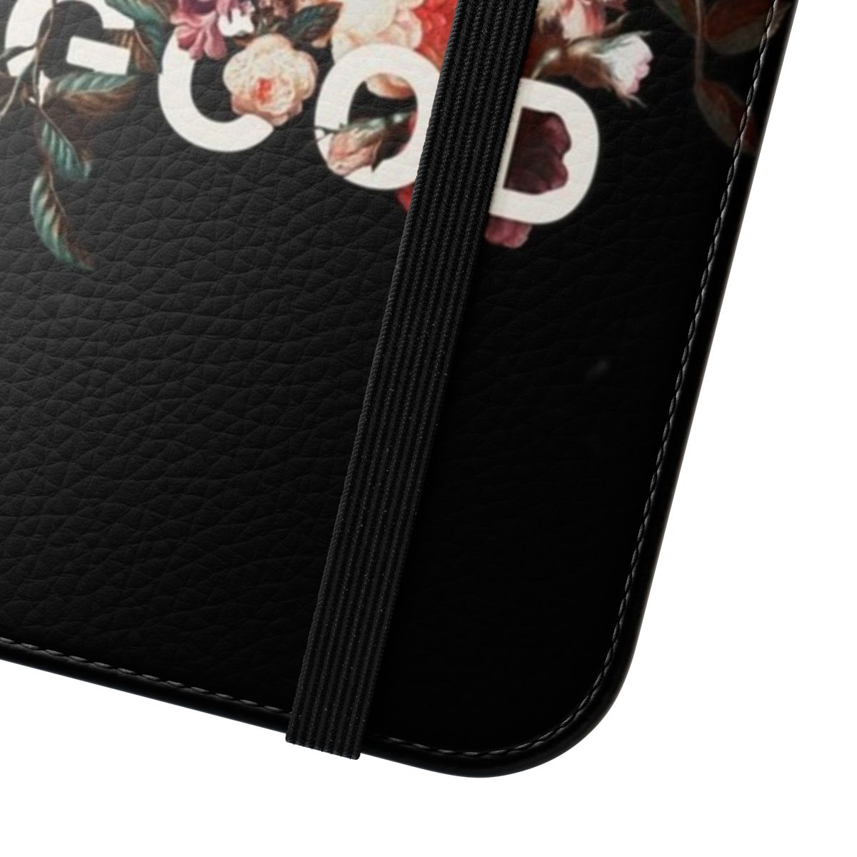 Flip cover phone case with a "No Thanks I'm Good" typographic and floral botanical design. - Close Up