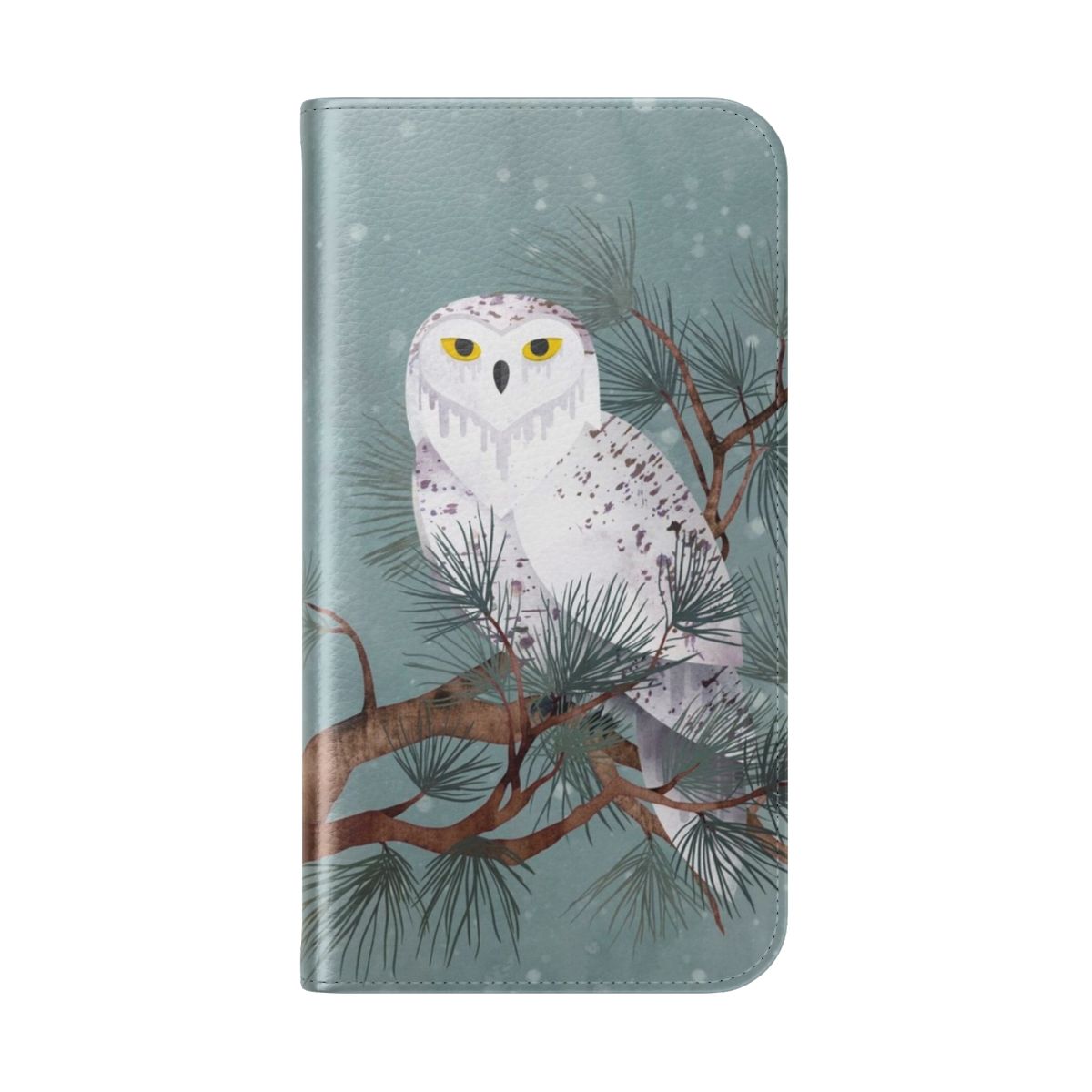 Snowy winter landscape design on a phone case with pine needles, owls, and icy textures. - Folded Back