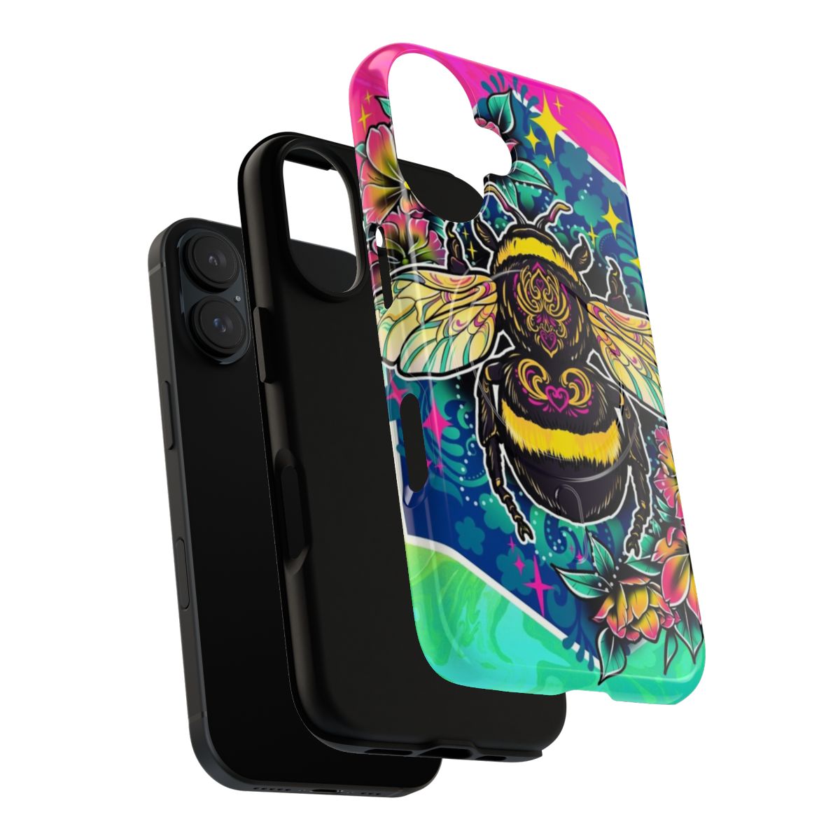 A colorful phone case featuring a digital illustration of a cute bumblebee in a bright, neon-inspired design. - Layers