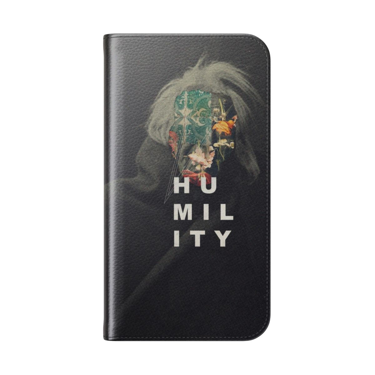 A flip cover phone case featuring a collage design with inspirational elements like flowers, vintage typography, and a man's portrait. - Folded Back