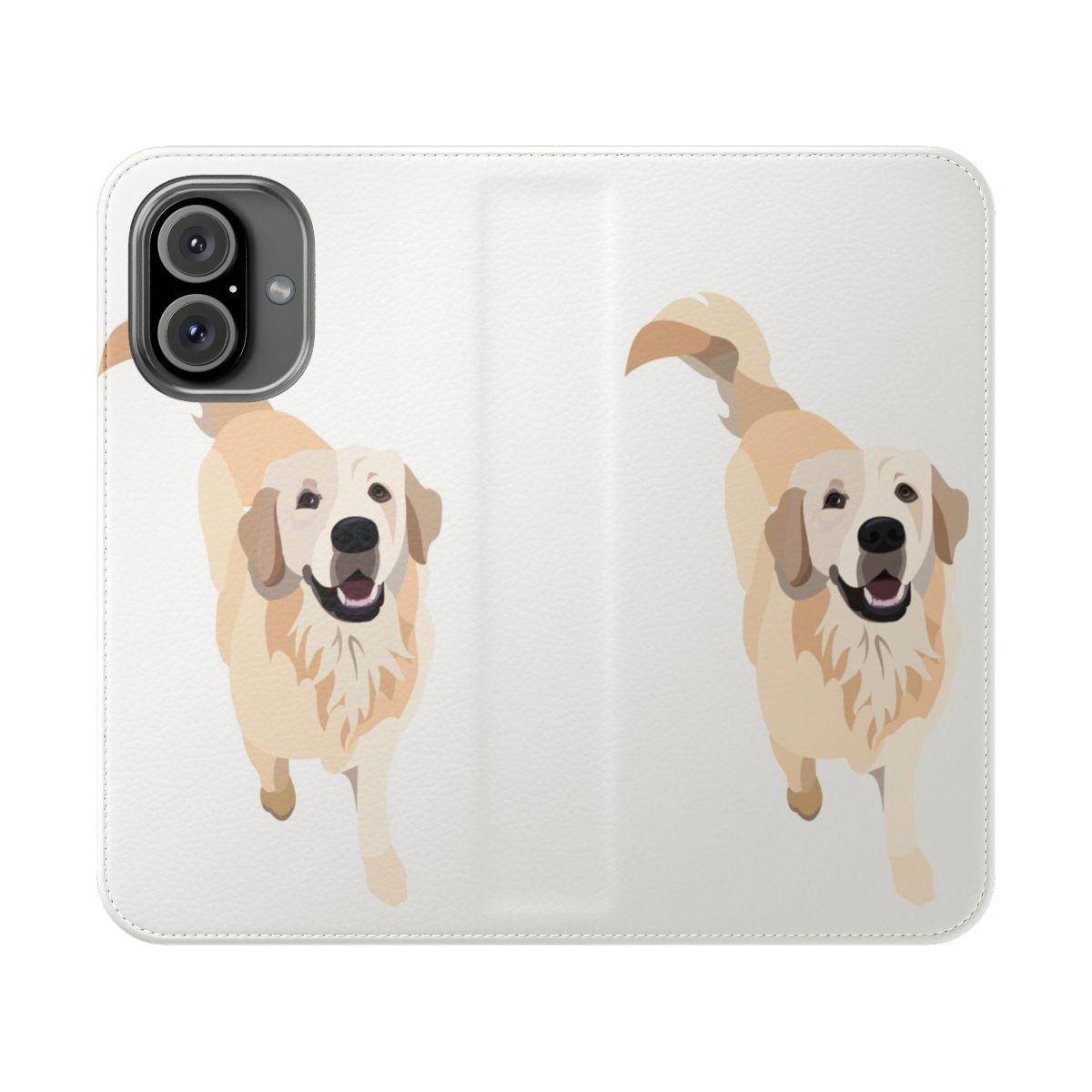 A protective phone case featuring a golden retriever design.