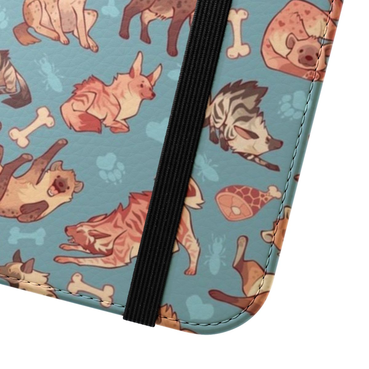 Cerulean-colored phone case with a vibrant hyena pattern design - Close Up