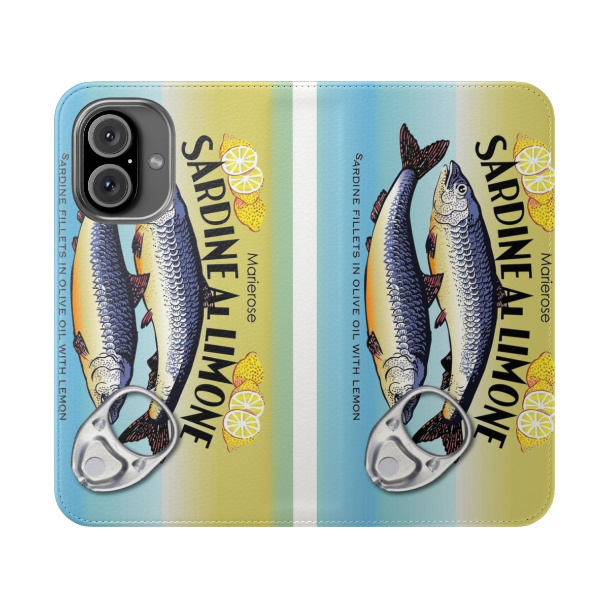 Vintage-style flip phone case with sardine can design