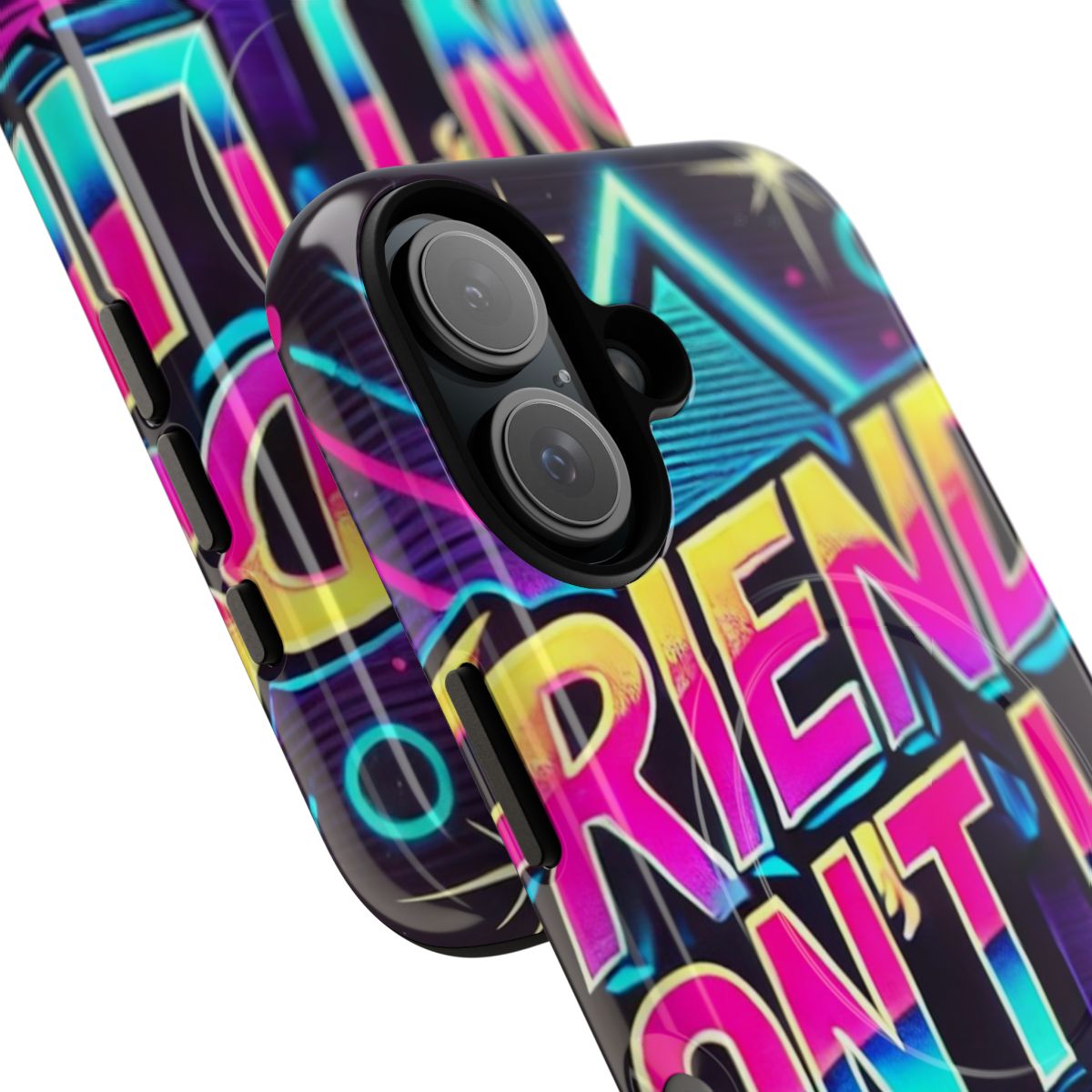 Retro 80s style phone case with "Friends Don't Lie" typography design, inspired by the TV show Stranger Things. - Detail