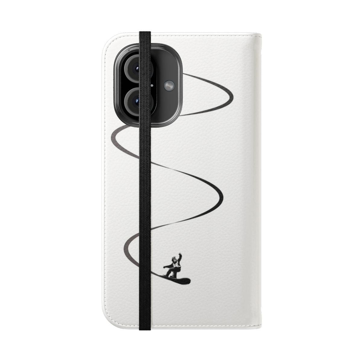 A flip cover phone case featuring a snowy, mountainous landscape design inspired by snowboarding. - Folded Front