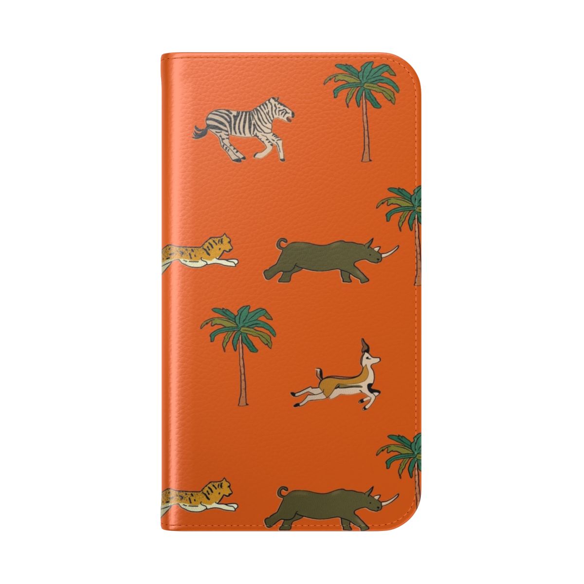 Vintage safari animal pattern phone case with faux leather flip cover - Folded Back