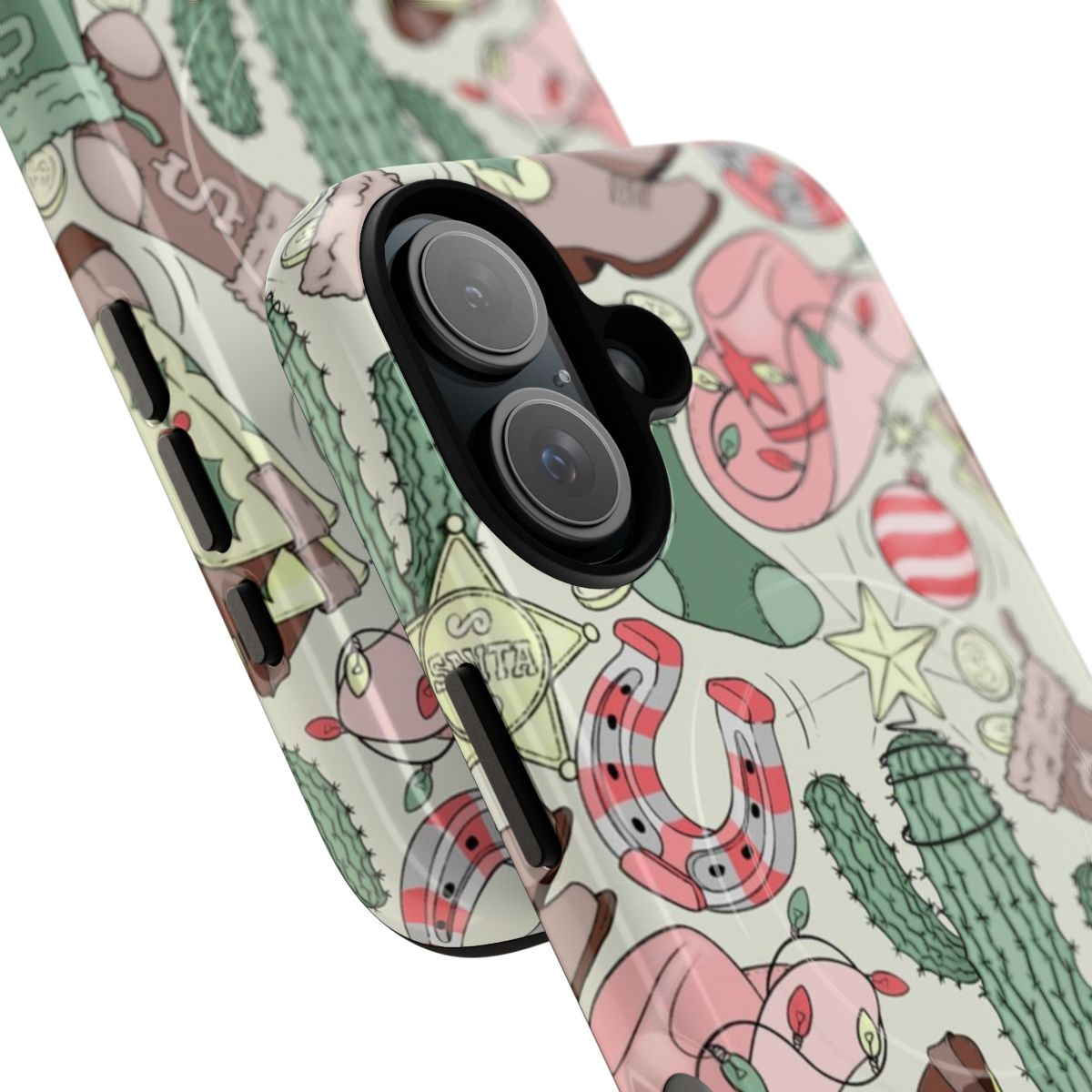 Magnetic tough phone case with a southwestern cowgirl christmas design featuring cactus, santa, and candy cane elements. - Detail