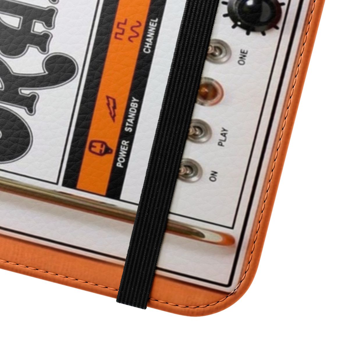 Orange retro-style phone case with graphics resembling a classic guitar amplifier - Close Up