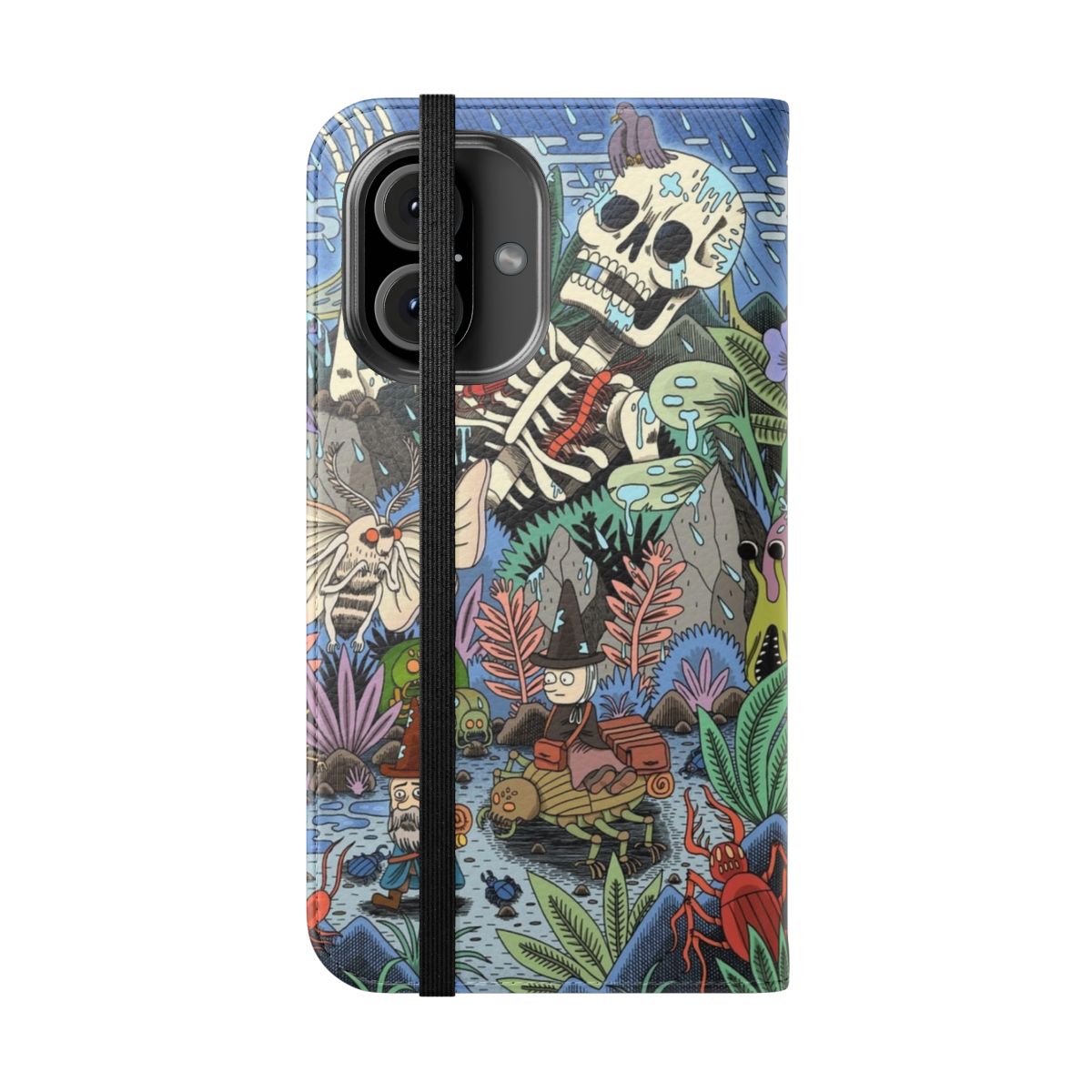 Fantastical flip cover phone case featuring a magical journey design with fantasy elements like insects, skeletons, and nature motifs. - Folded Front