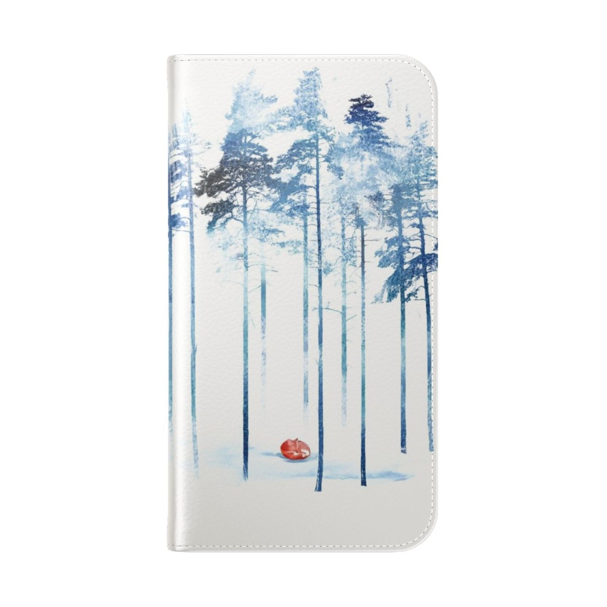 Flip cover phone case with a watercolor painting of a fox in a forest landscape - Folded Back