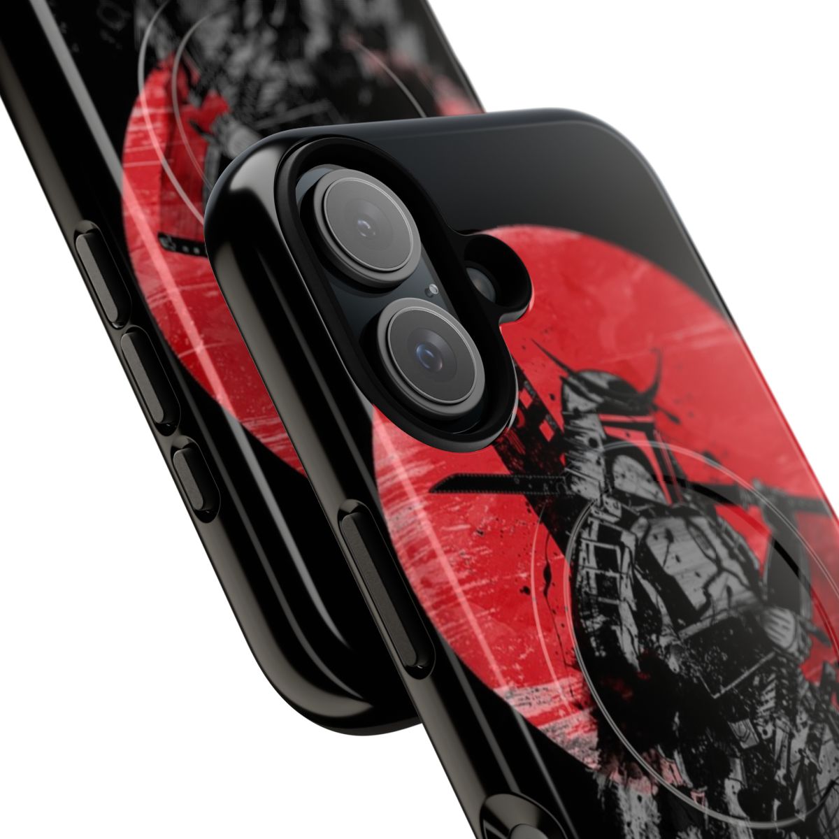 Samurai-themed phone case with a red sun design - Detail