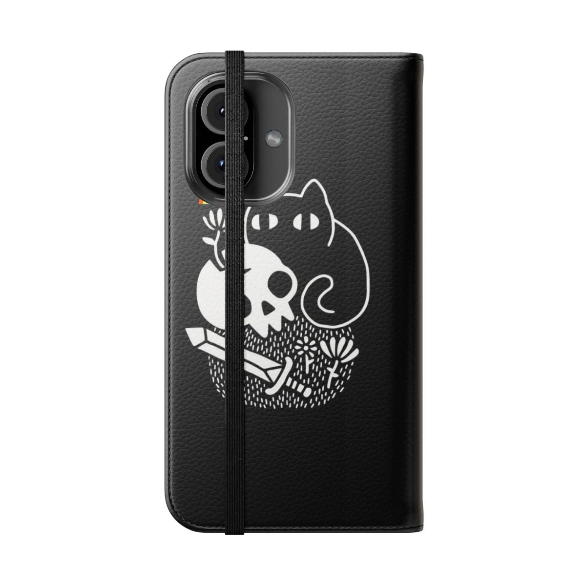 Colorful flip cover phone case with cat, skull, and fantasy design - Folded Front