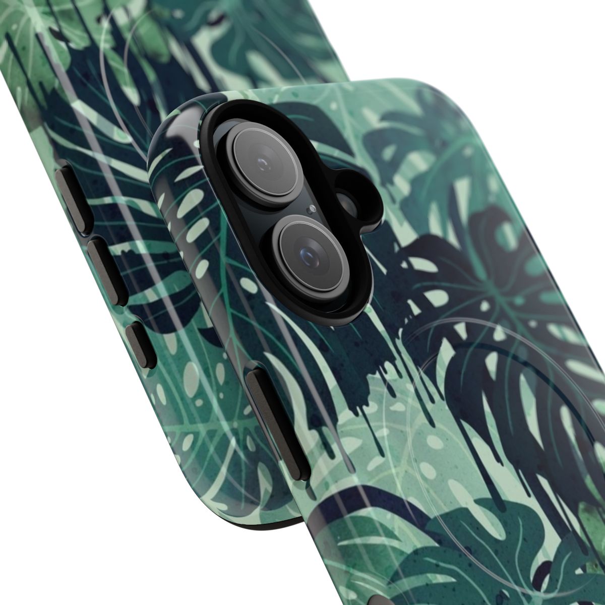 Smartphone case featuring a surreal, watercolor-style monstera leaf pattern in shades of green and blue. - Detail