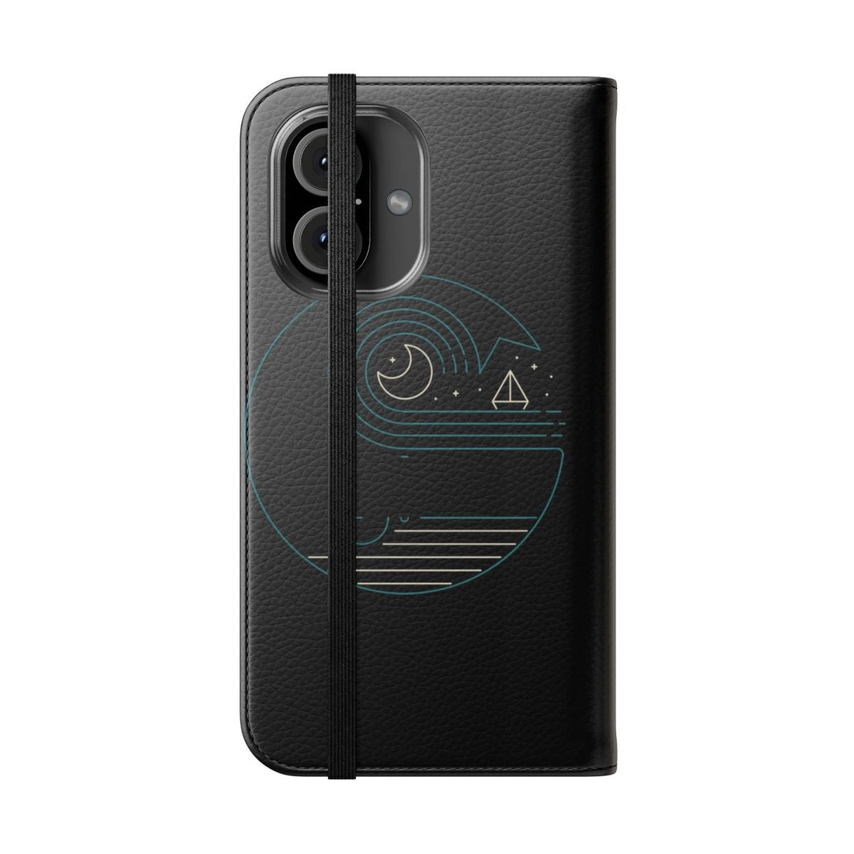 Minimalist art flip phone case with a whale, moon, and boat design - Folded Front