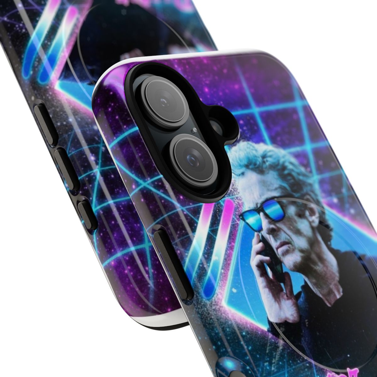 Retro 80s style magnetic tough phone case featuring the iconic Twelfth Doctor, Peter Capaldi - Detail