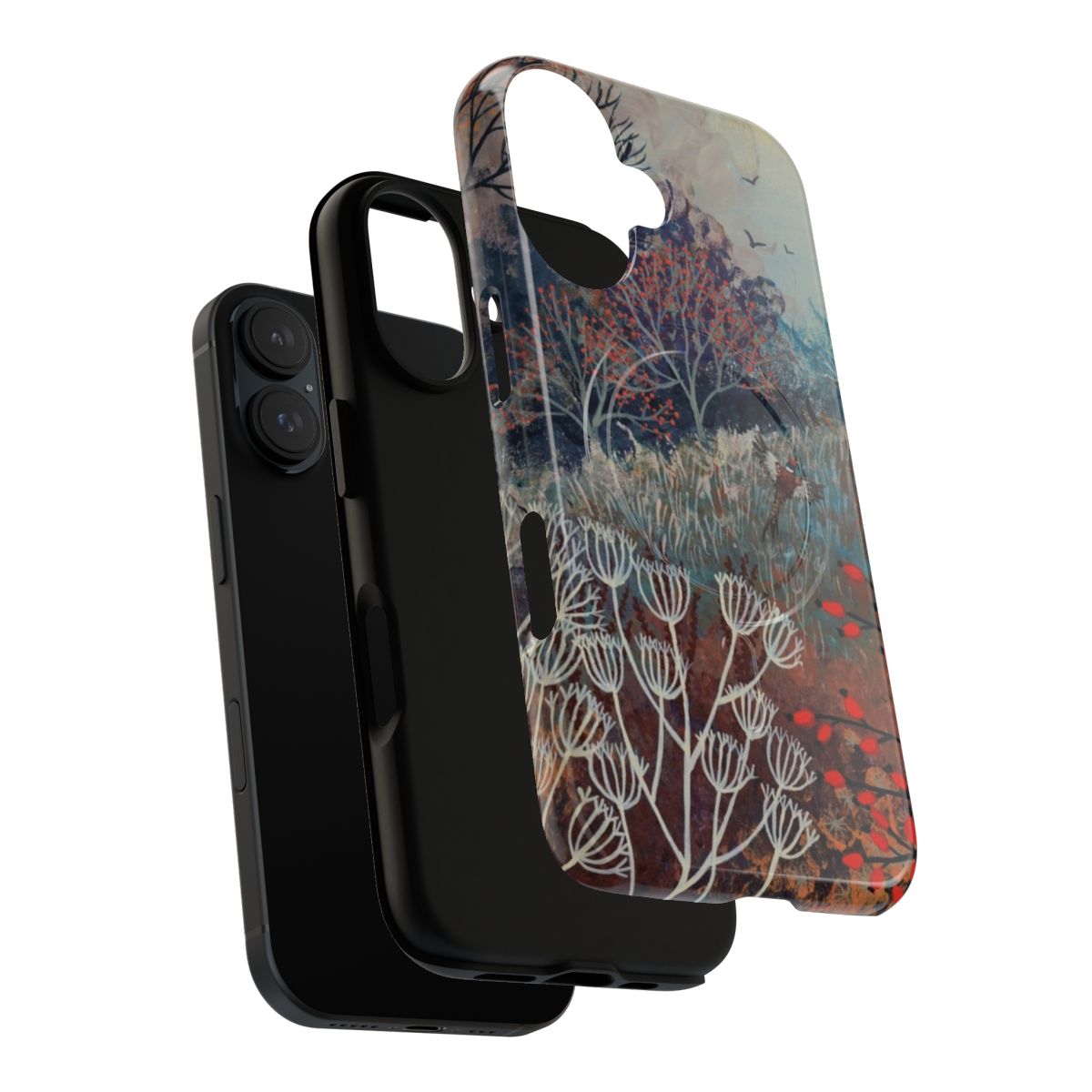 Autumn landscape phone case featuring pheasants, seedheads, and berries - Layers