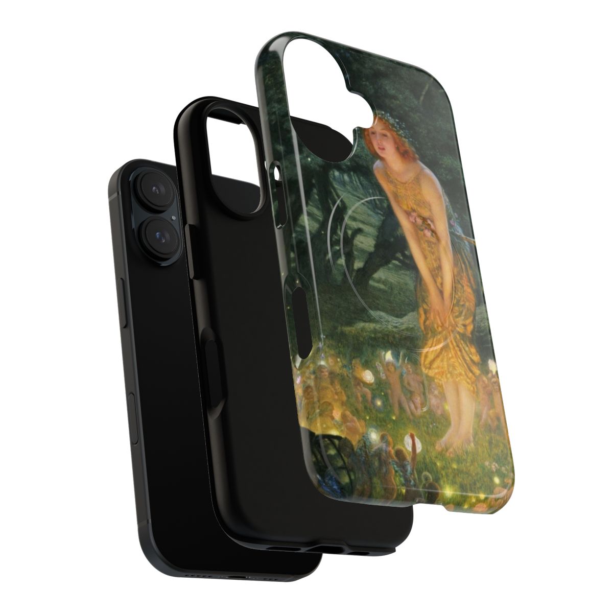 A phone case featuring a whimsical fantasy scene with elves, gnomes, and other magical forest creatures. - Layers