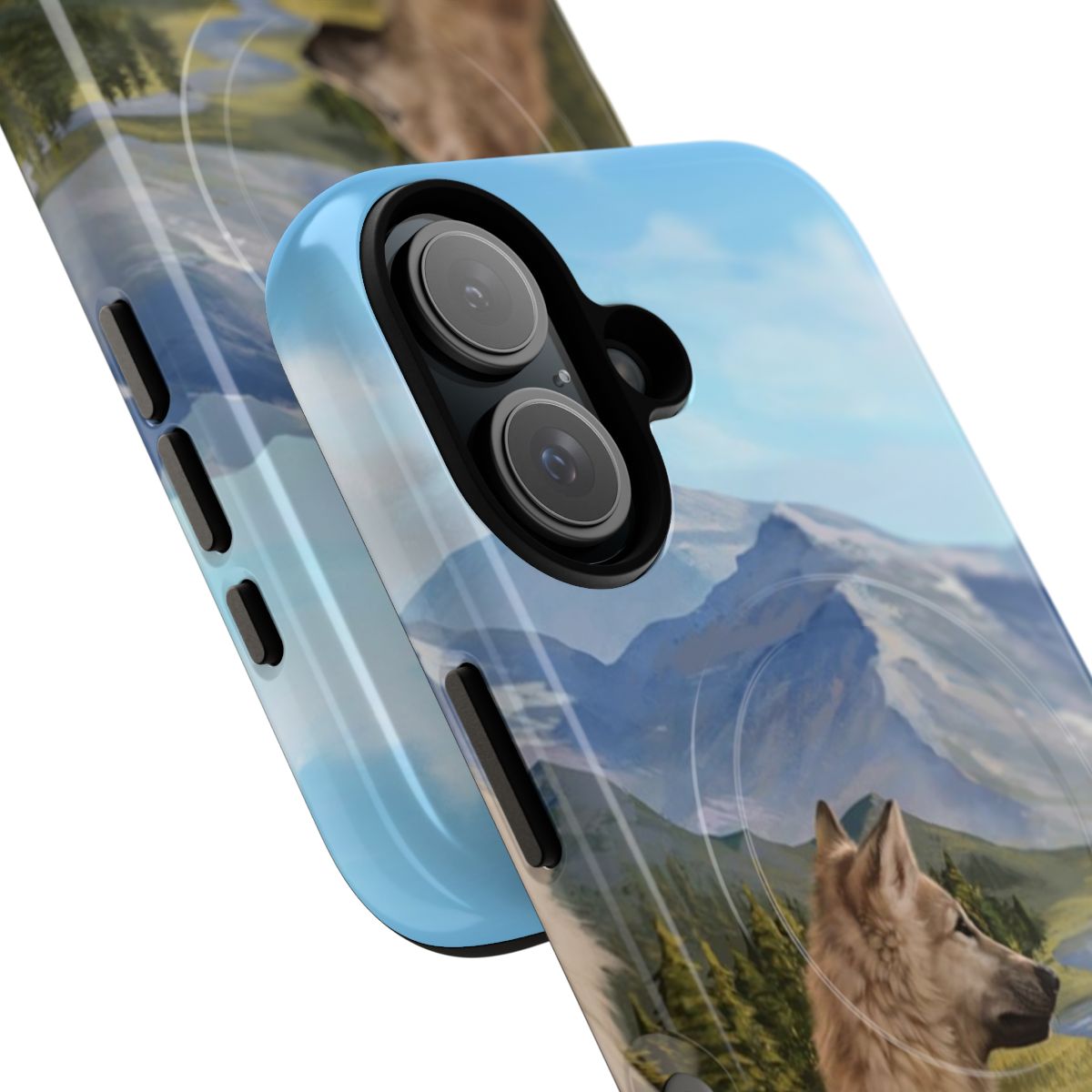 A durable phone case with a wildlife-inspired design, featuring mountains, trees, and animals. - Detail