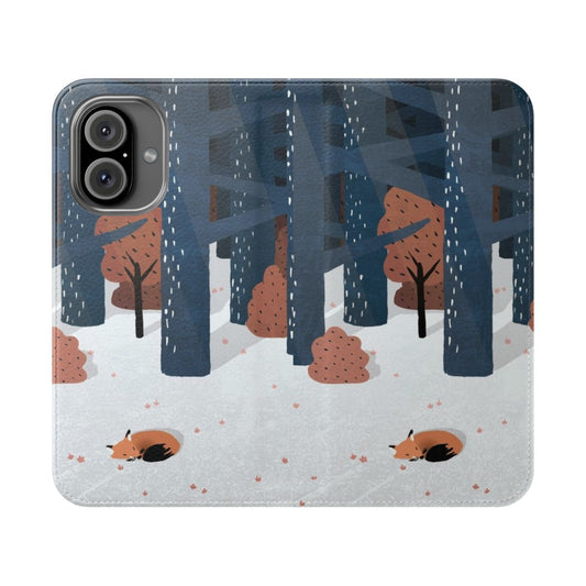 A phone case featuring a cozy winter forest scene with a fox, trees, and snow.