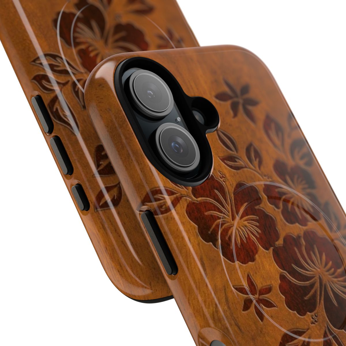 Tropical floral faux koa wood magnetic tough phone case - Detail