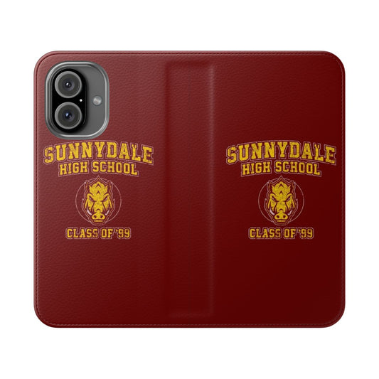 Flip cover phone case featuring the Sunnydale High School Class of '99 logo and characters from Buffy the Vampire Slayer.