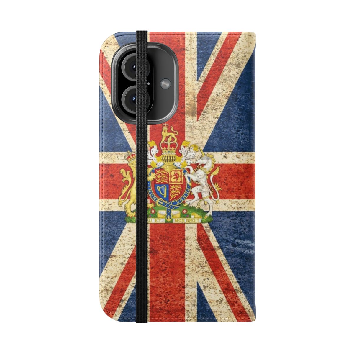 Flip cover phone case with the flag of the United Kingdom and the royal coat of arms - Folded Front