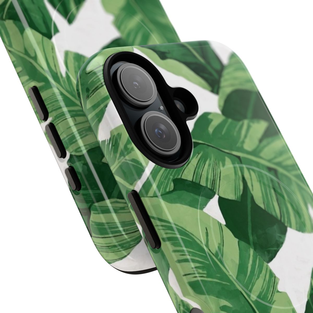 Tropical phone case featuring a vibrant watercolor design of banana leaves and nature elements. - Detail