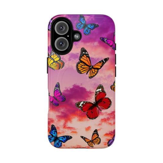 Colorful butterflies soaring in a vibrant sky, featured on a durable magnetic phone case.