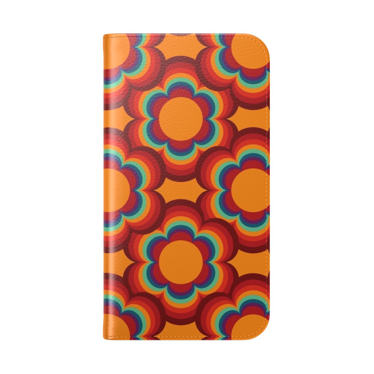 Colorful 70s-inspired phone case with a repeating big sacred flower pattern design - Folded Back