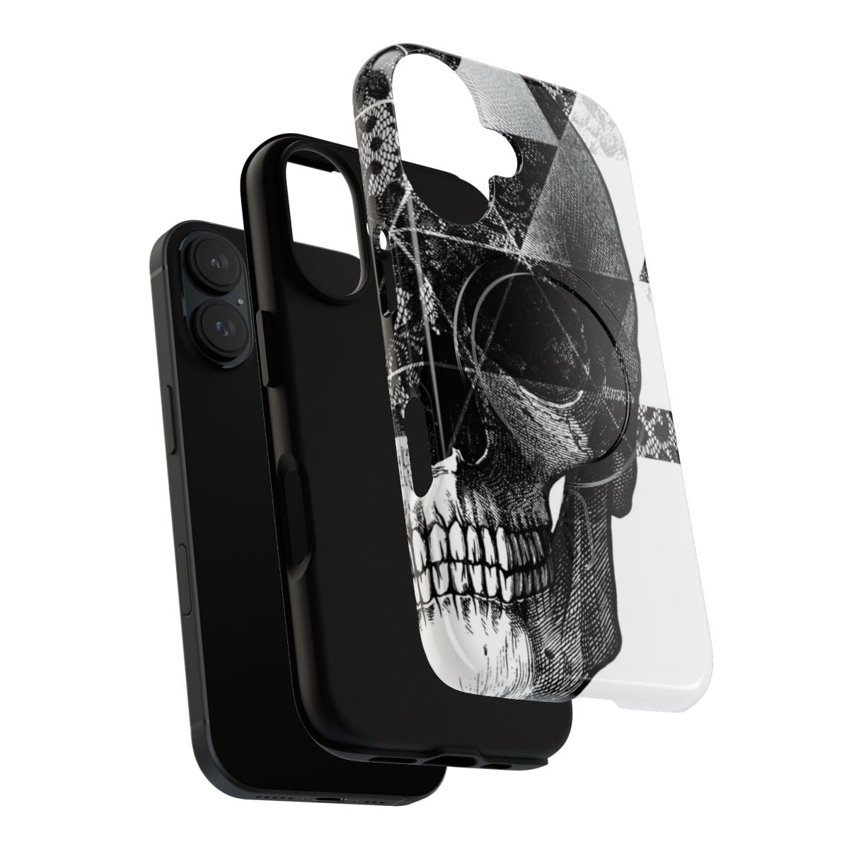 Spooky geometric phone case featuring skulls, triangles, and black and white design - Layers