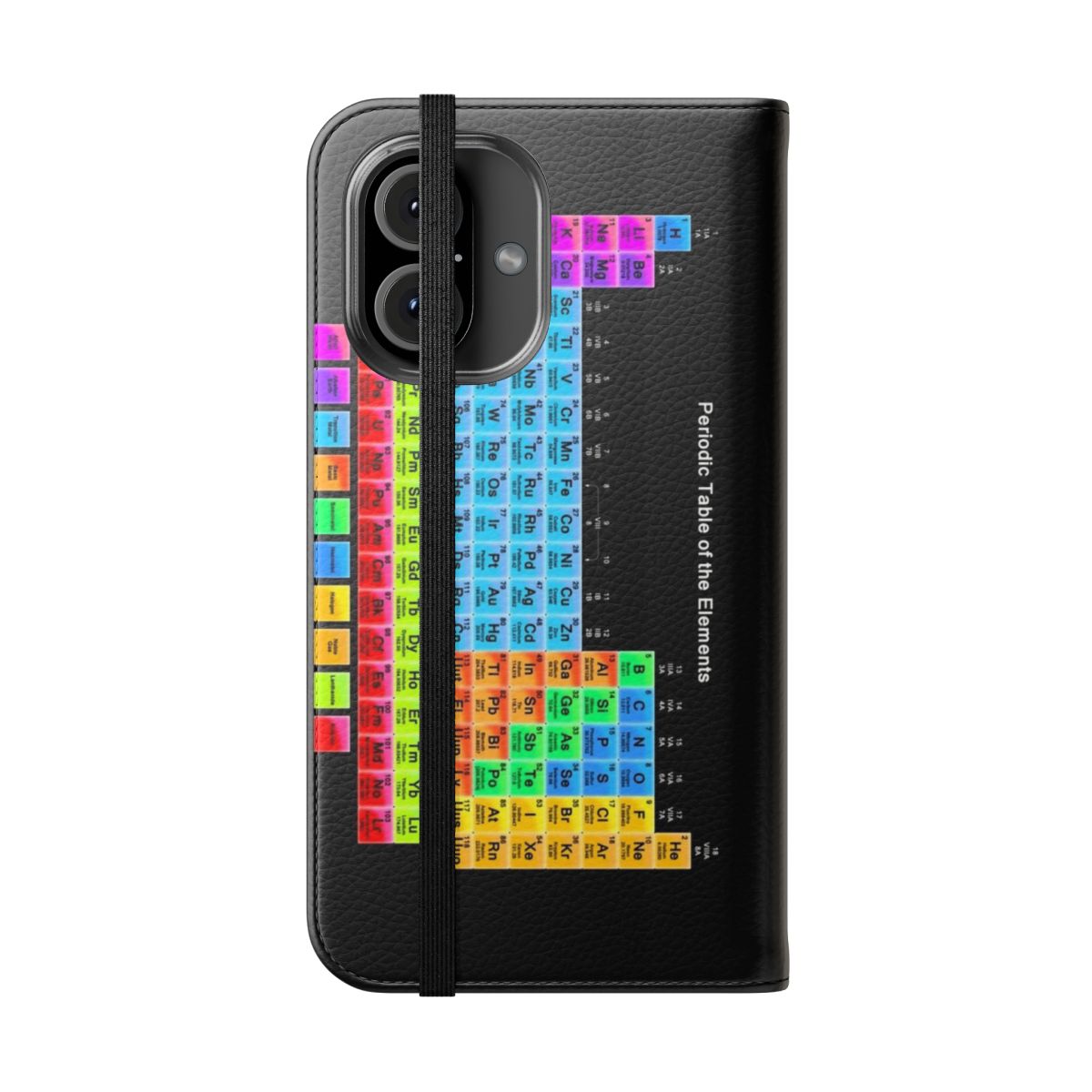 Vibrant color periodic table graphic on a black flip phone case - Folded Front