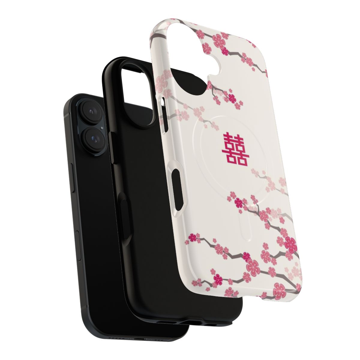 Fuchsia pink oriental cherry blossom phone case with Chinese wedding double happiness symbol - Layers