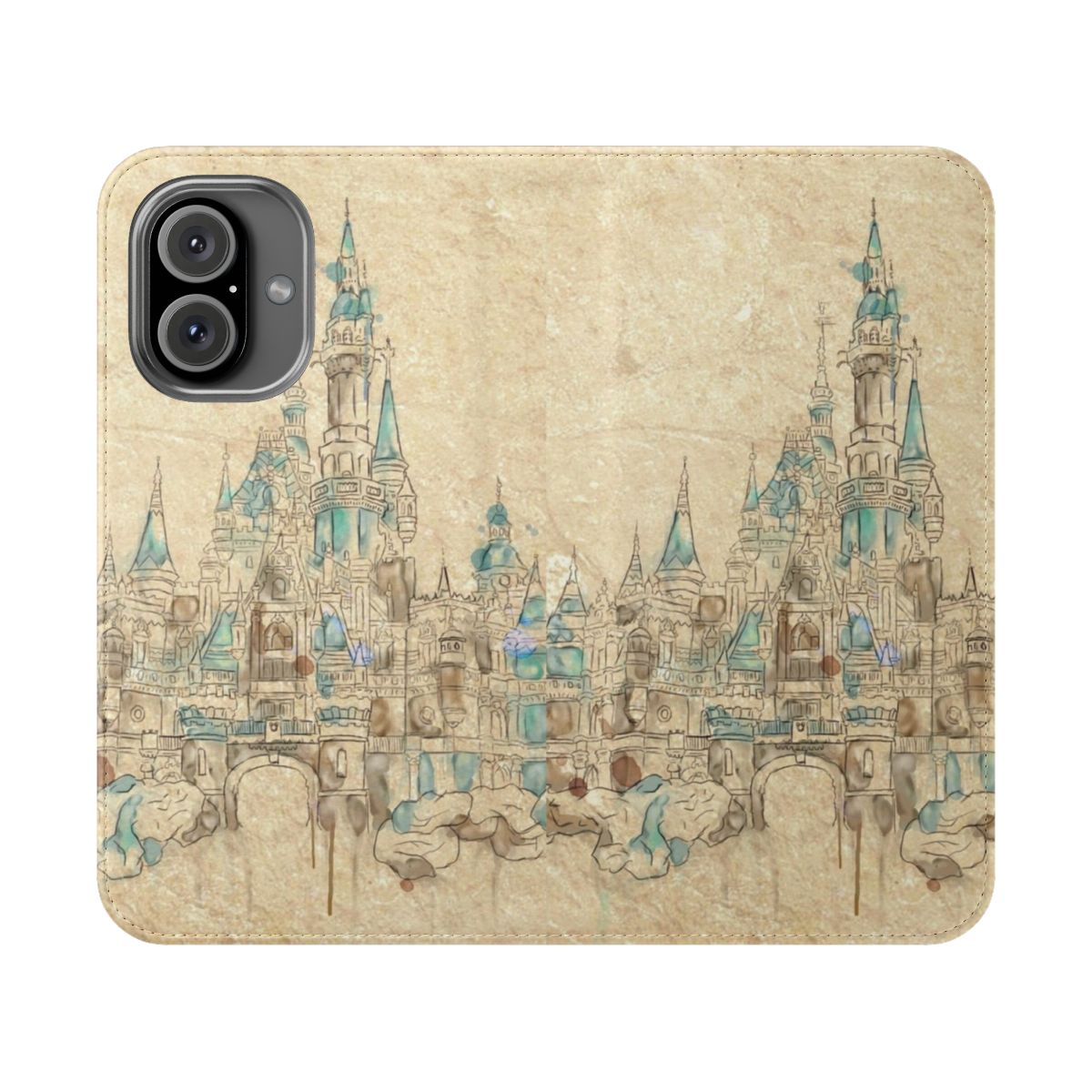 Watercolor illustration of an enchanted storybook castle on a mobile phone case