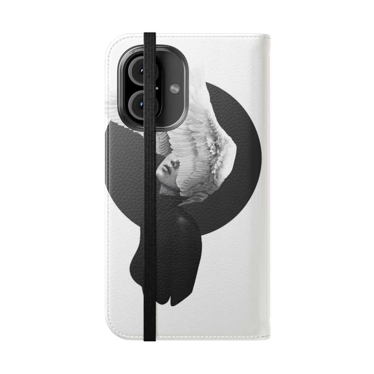 A sleek and elegant black and white phone case featuring a beautiful swan design for fantasy enthusiasts. - Folded Front